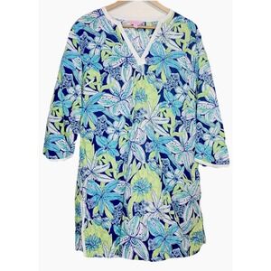 Lilly Pulitzer Women's Tiger Lilly Floral Tunic Mini Kaftan Dress Blue Large